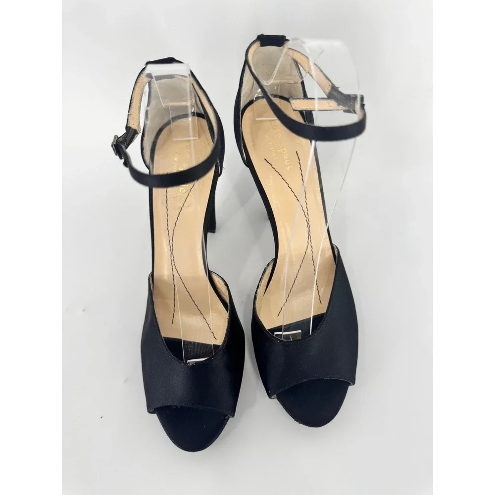 Kate Spade Platform Heels Women 9 Black Satin Peep Toe Ankle Strap Made In Italy